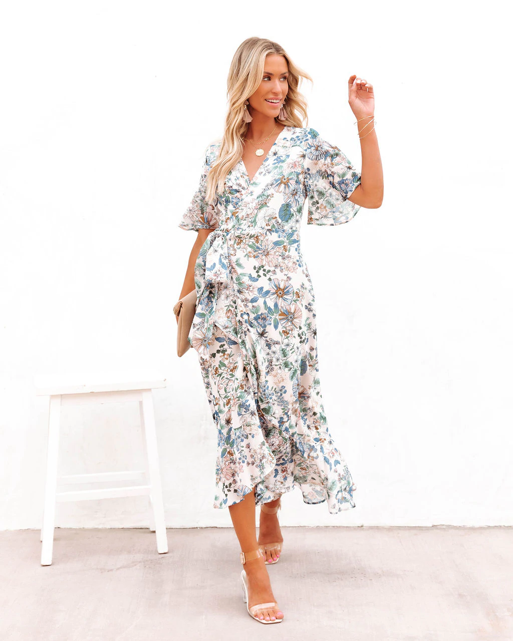 Bohemian Floral Wrap Dress White