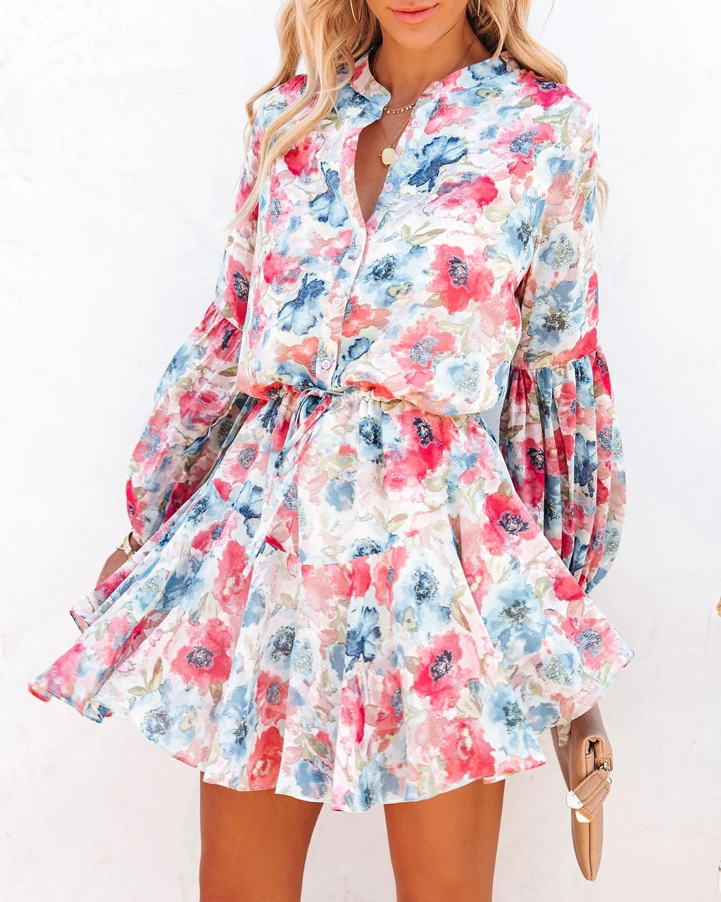 Printed Lantern Sleeve Long Sleeve Dress Multi-1