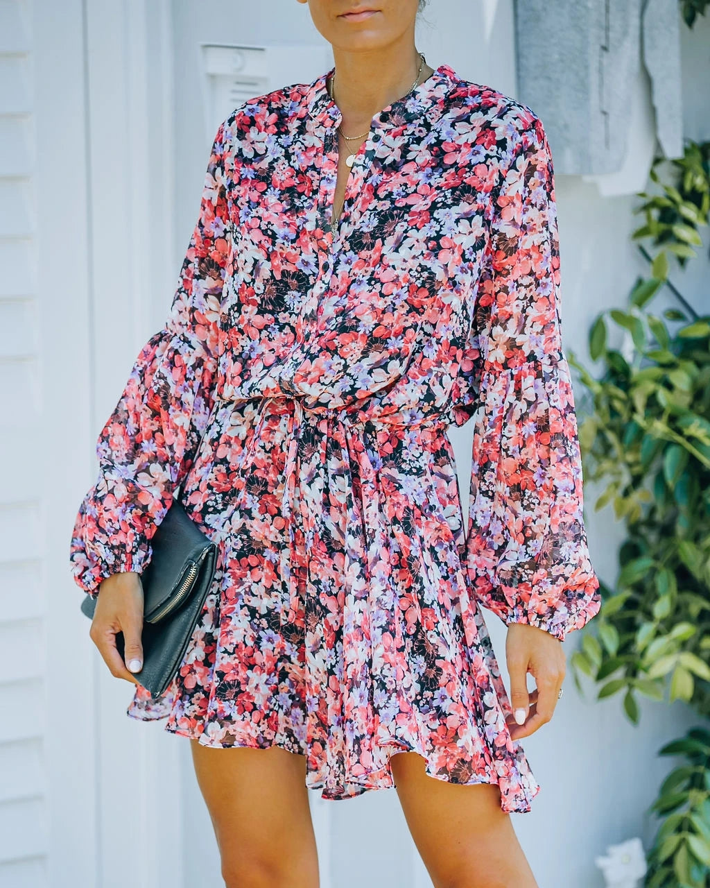 Printed Lantern Sleeve Long Sleeve Dress Multi-3