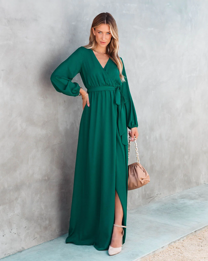 Solid V Neck Long Sleeve Maxi Dress Green