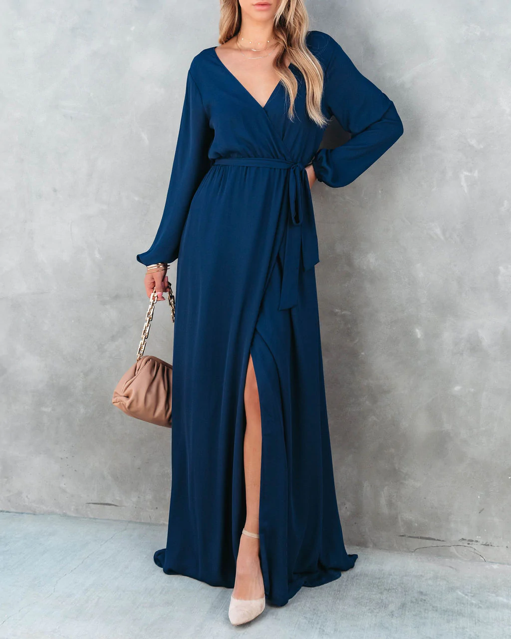 Solid V Neck Long Sleeve Maxi Dress Blue