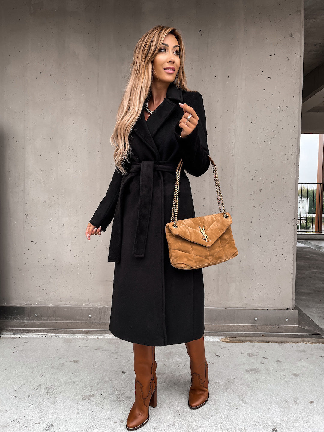 Solid Color Woolen Long Sleeve Trench Coat Black