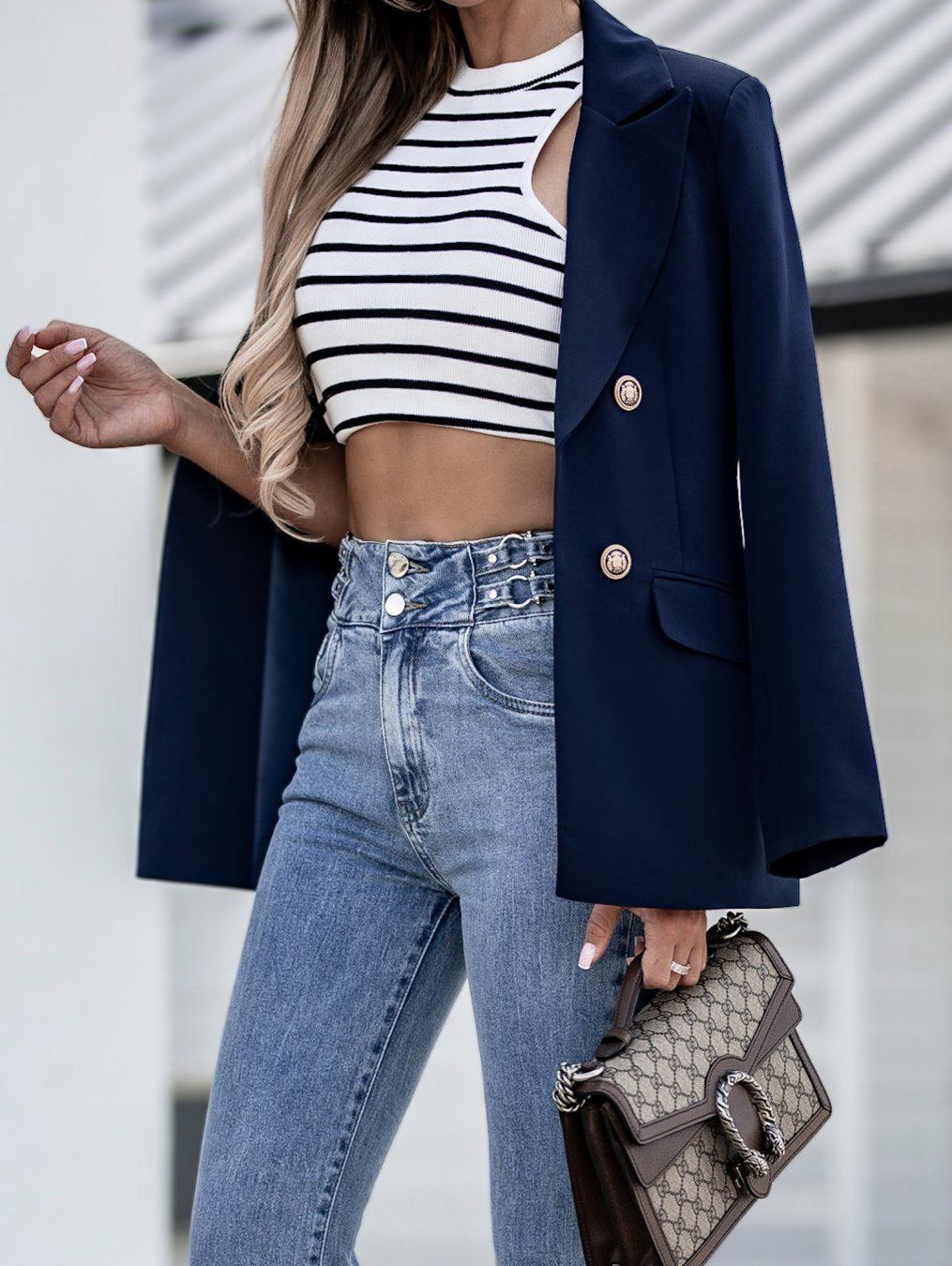 New Double Breasted Fashion Blazer Jacket Navy Blue