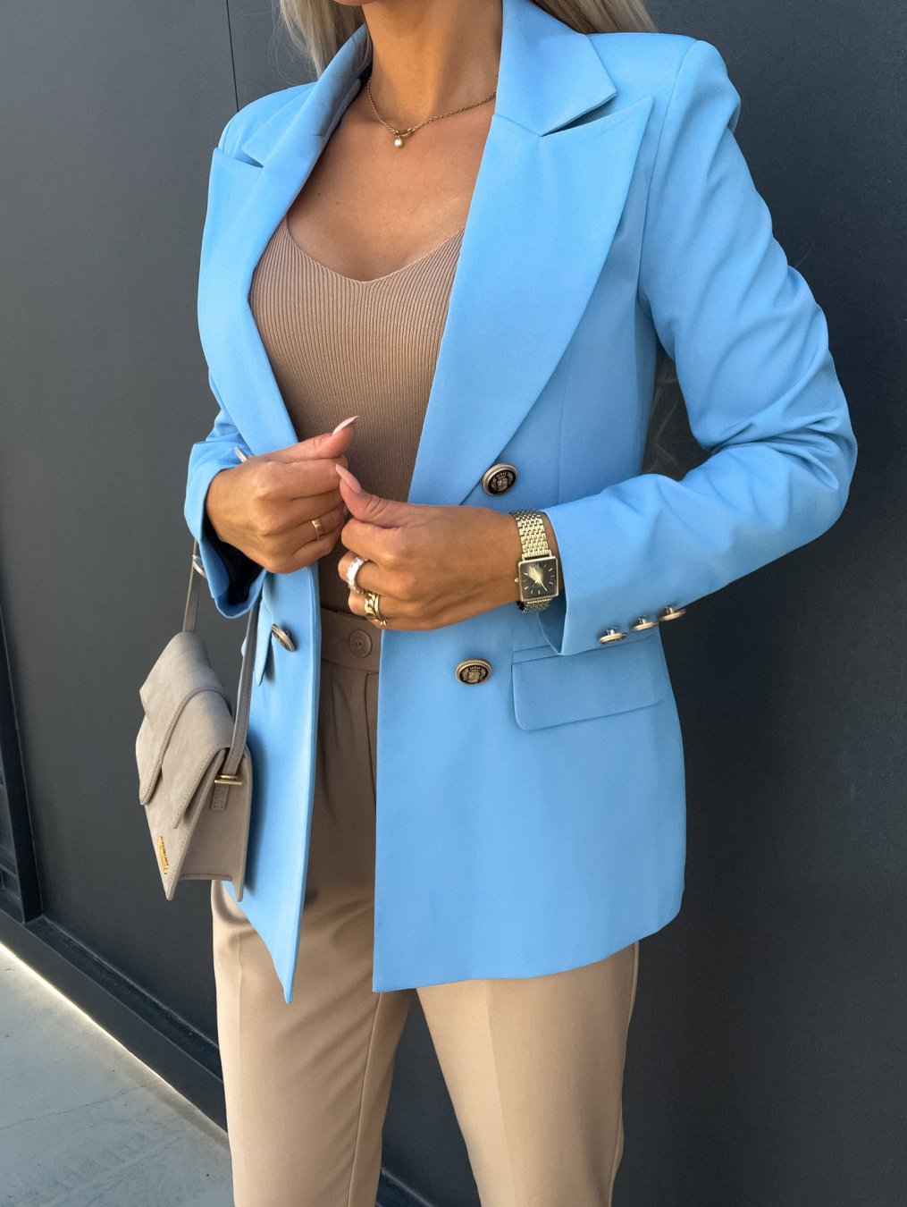 New Double Breasted Fashion Blazer Jacket skyblue
