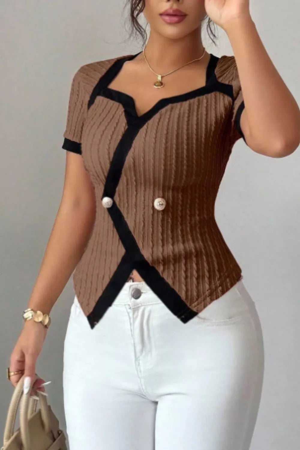 Contrast Trim Short Sleeve Top