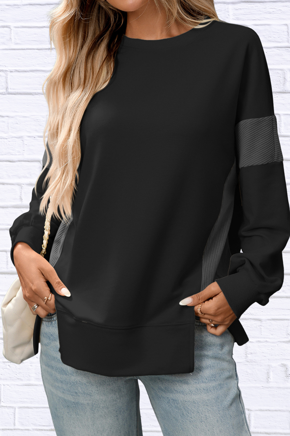 Slit Round Neck Long Sleeve Sweatshirt Black