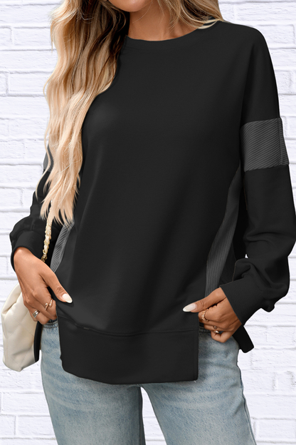 Slit Round Neck Long Sleeve Sweatshirt Black