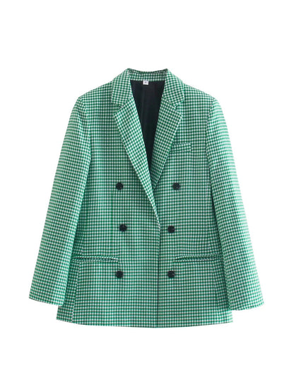 Vintage Single Breasted Long Sleeve Plaid Women Padded Shoulder Blazer
