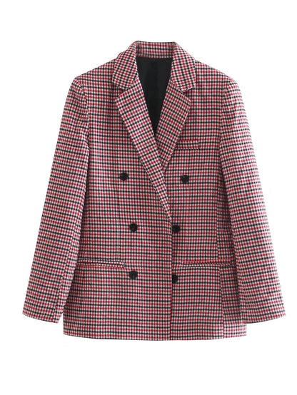 Vintage Single Breasted Long Sleeve Plaid Women Padded Shoulder Blazer