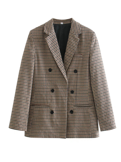Vintage Single Breasted Long Sleeve Plaid Women Padded Shoulder Blazer