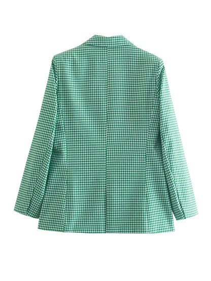 Vintage Single Breasted Long Sleeve Plaid Women Padded Shoulder Blazer