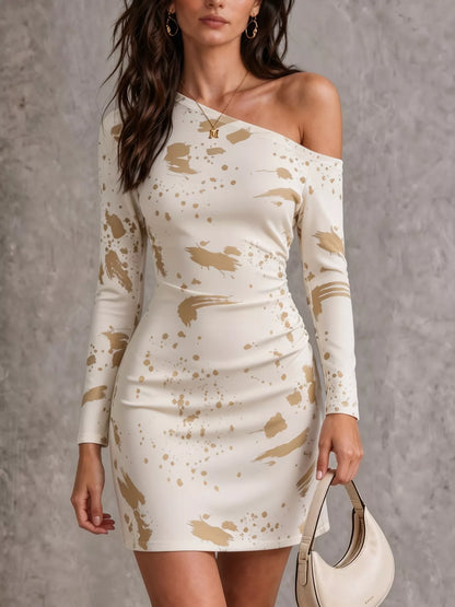 One-Shoulder Long Sleeve Paint Splatter Bodycon Mini Dress
