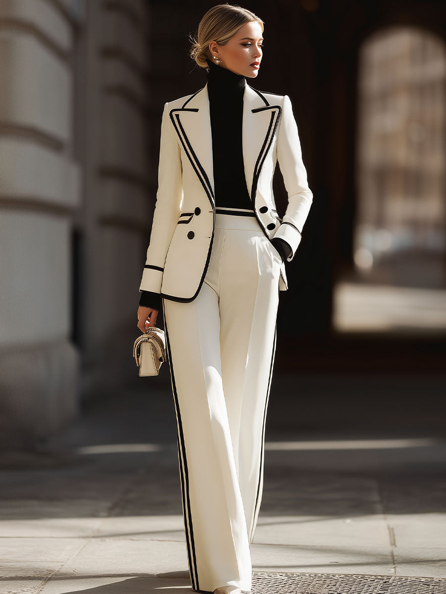 White Contrast - Trim Double - Breasted Suit Set White