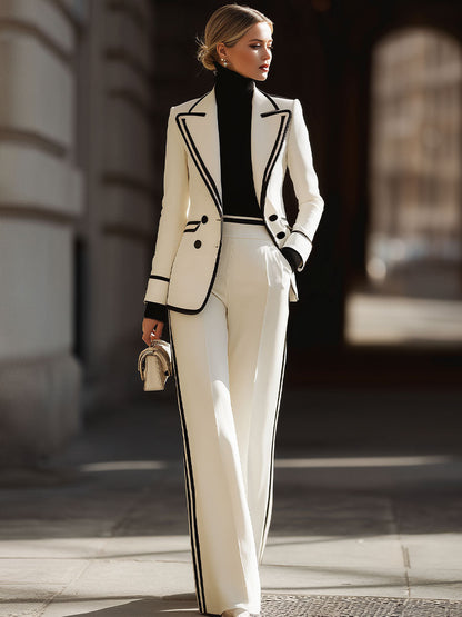 White Contrast - Trim Double - Breasted Suit Set White