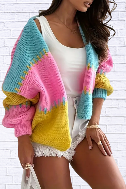 Color Block Drop Shoulder Cardigan Fuchsia Pink S