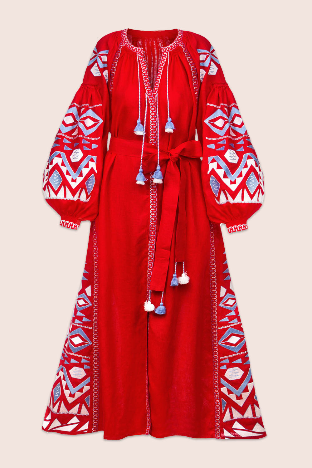 Embroidered Lantern Sleeve Boho Kaftan Dress Red