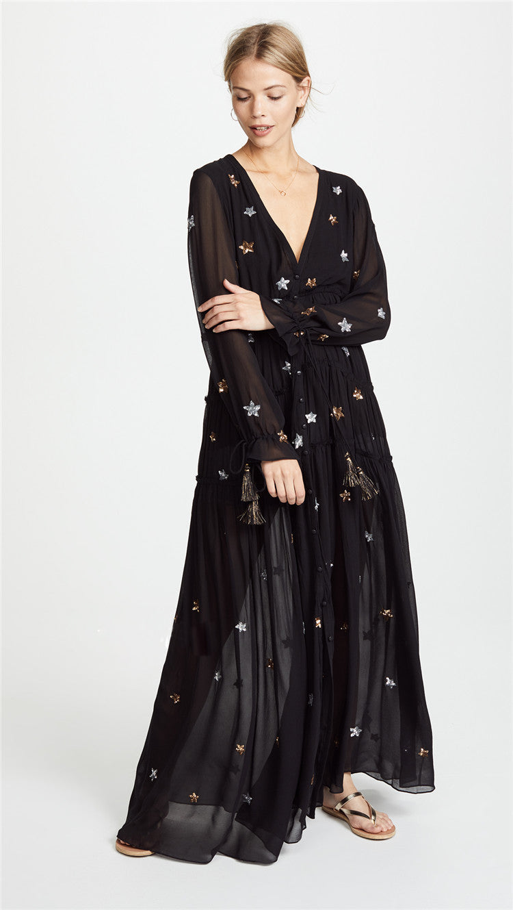 Star Embroidered Maxi Kaftan Black