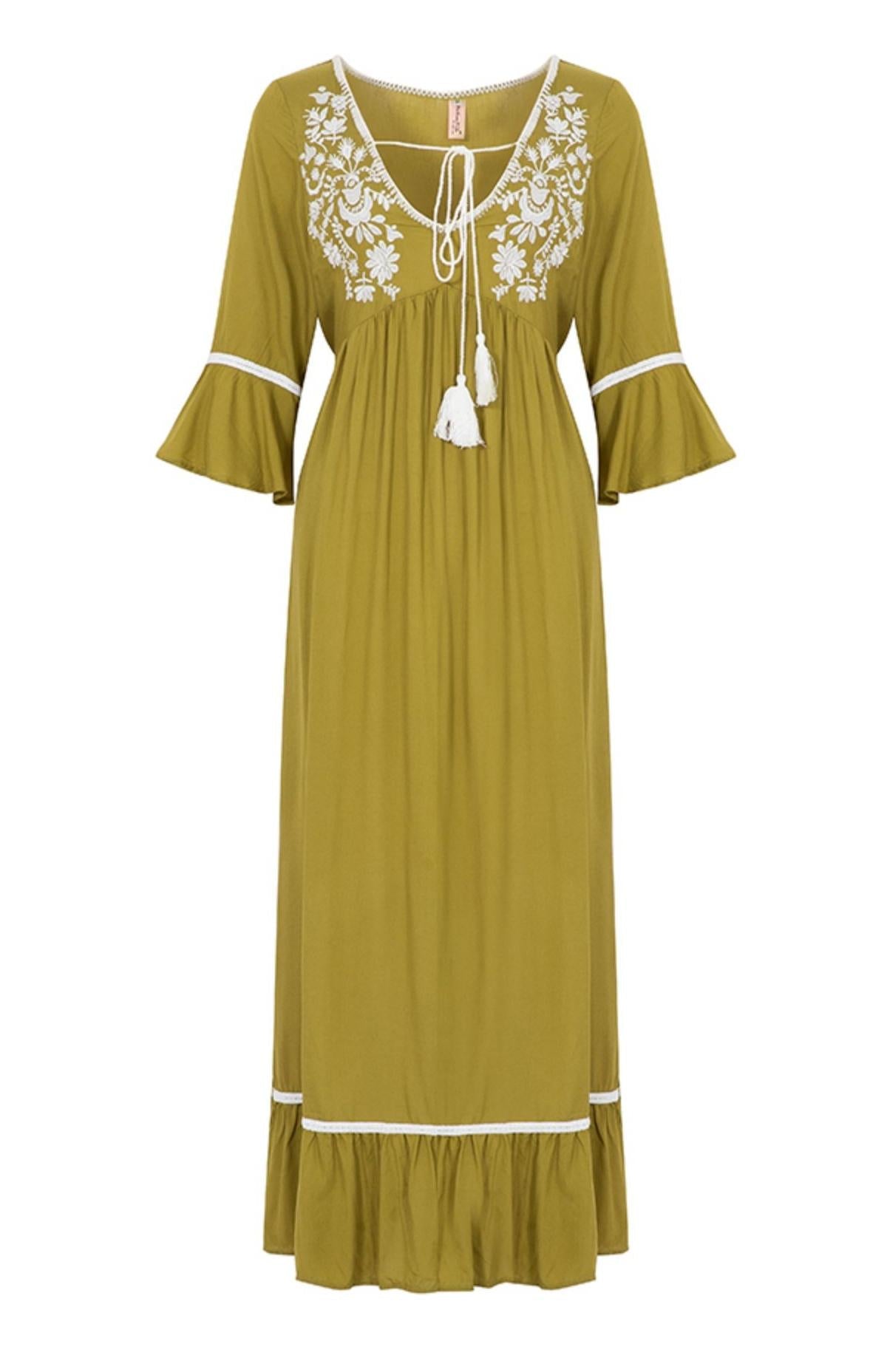 Bohemian Embroidered Solid Color Slit Tunic Dress Green