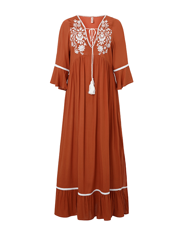 Bohemian Embroidered Solid Color Slit Tunic Dress Brown