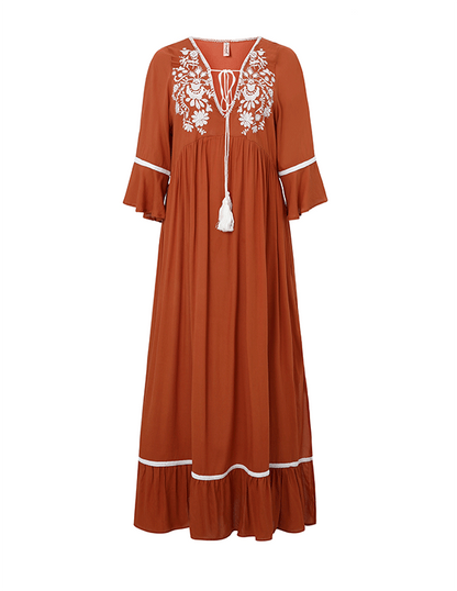Bohemian Embroidered Solid Color Slit Tunic Dress Brown