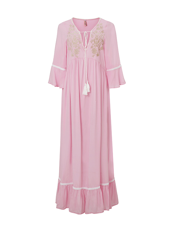 Bohemian Embroidered Solid Color Slit Tunic Dress Pink
