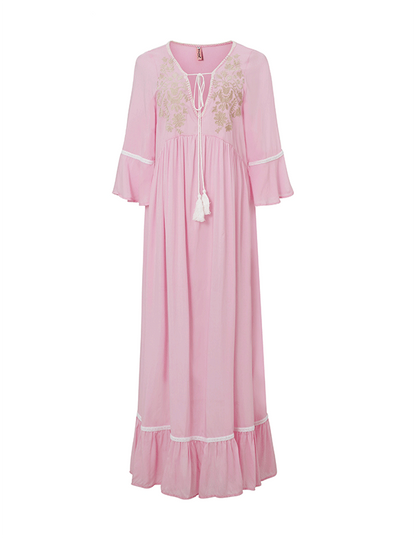 Bohemian Embroidered Solid Color Slit Tunic Dress Pink