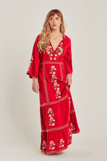 Embroidered Casual Kaftan Maxi Red