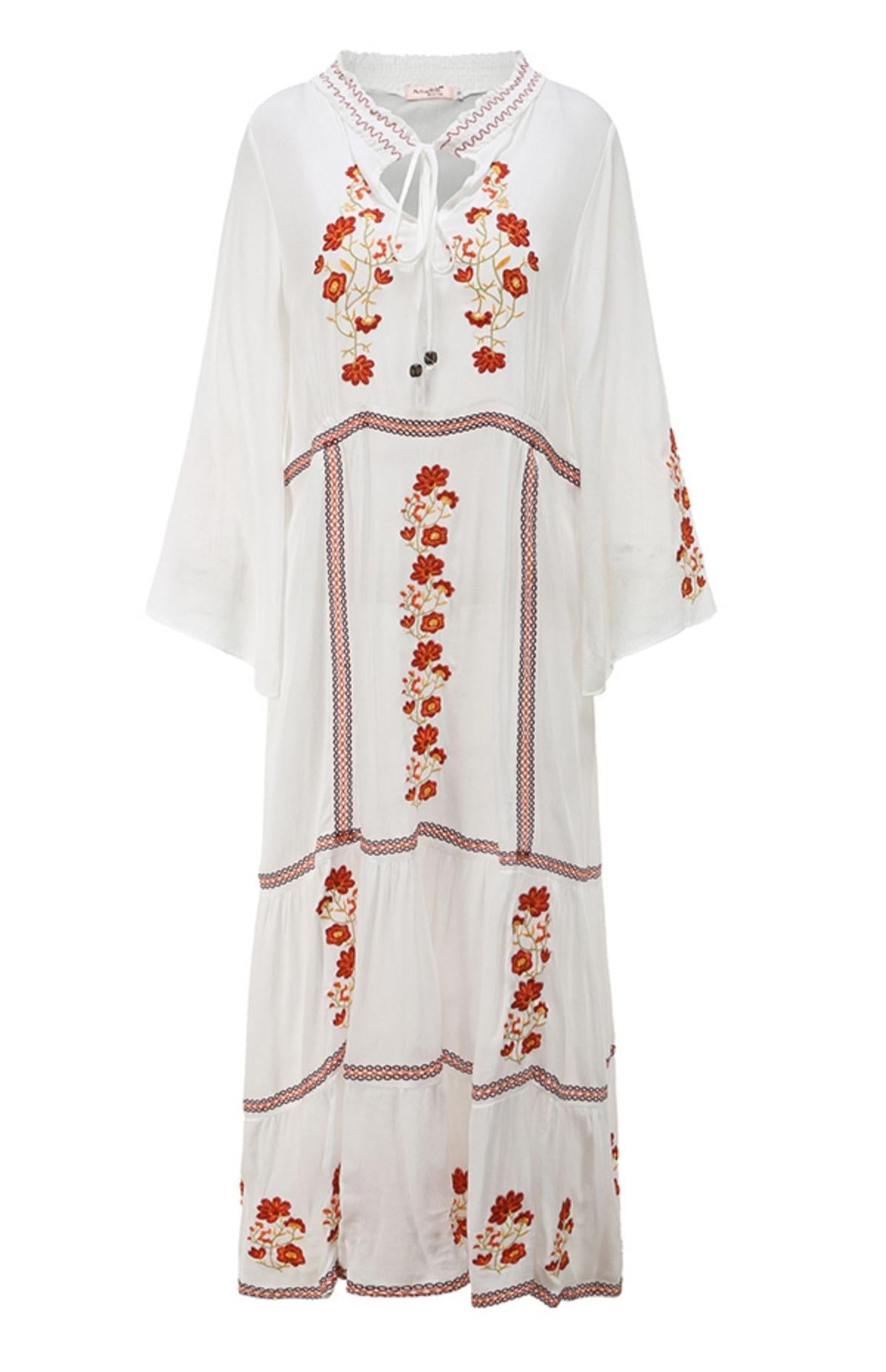Embroidered Casual Kaftan Maxi White