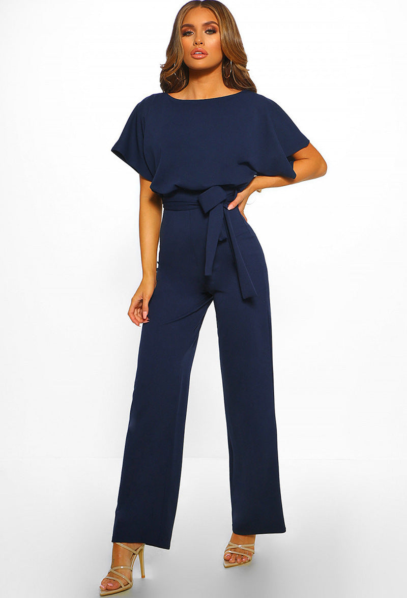 Lace-up Short Sleeved Jumpsuit Navy Blue
