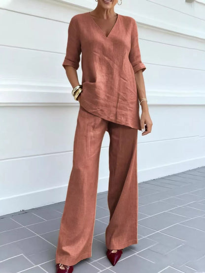 Full Size V-Neck Half Sleeve Top and Pants Set Plus Size