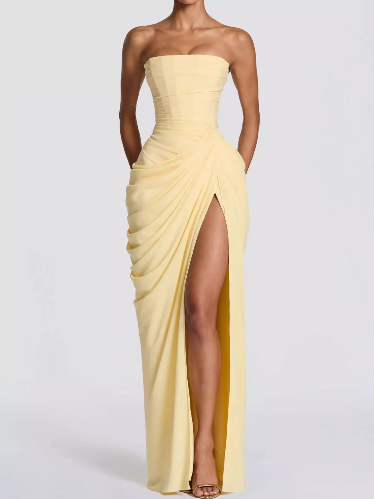 Elegant Strapless Ruched High-Slit Evening Dress