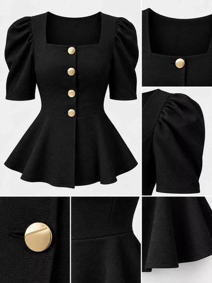 Square Neck Puff Sleeve Peplum Blouse
