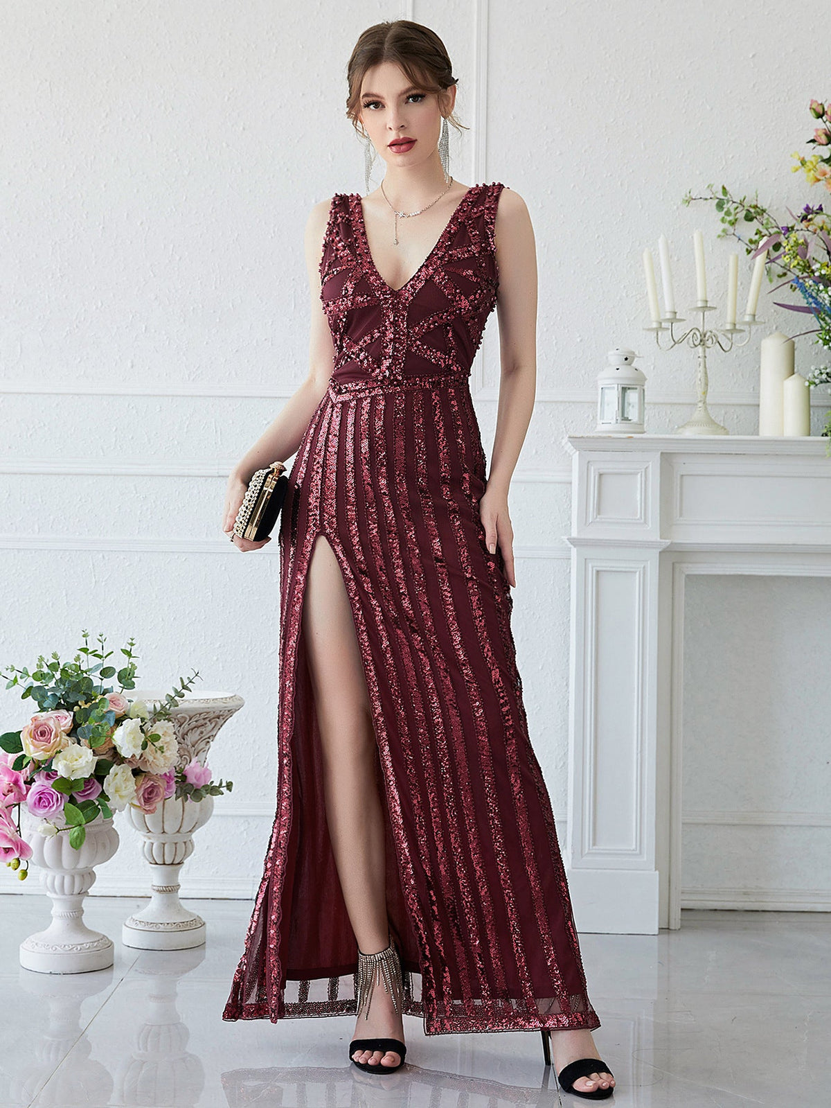 Burgundy Elegant Sequined Formal Gown Burgundy