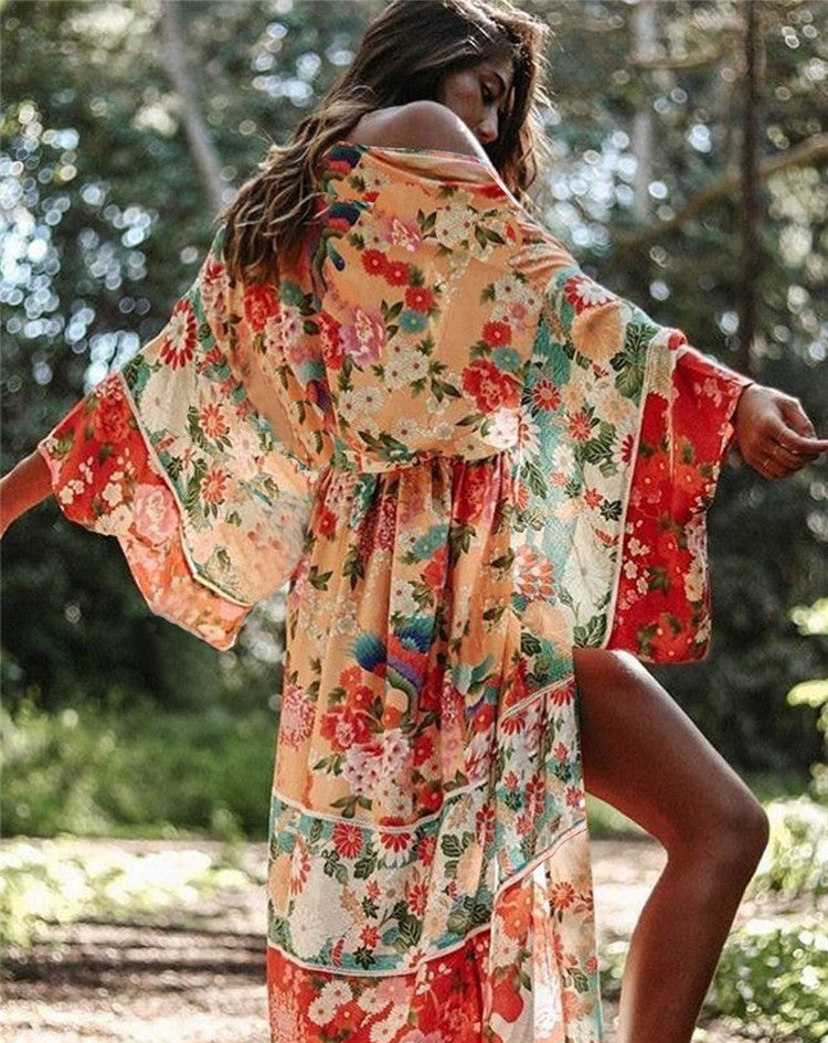 Chiffon Printed Loose Oversized Cardigan Beach Dress Bikini Cover Vacation Dress Sun Protection Shirt One Size Multi