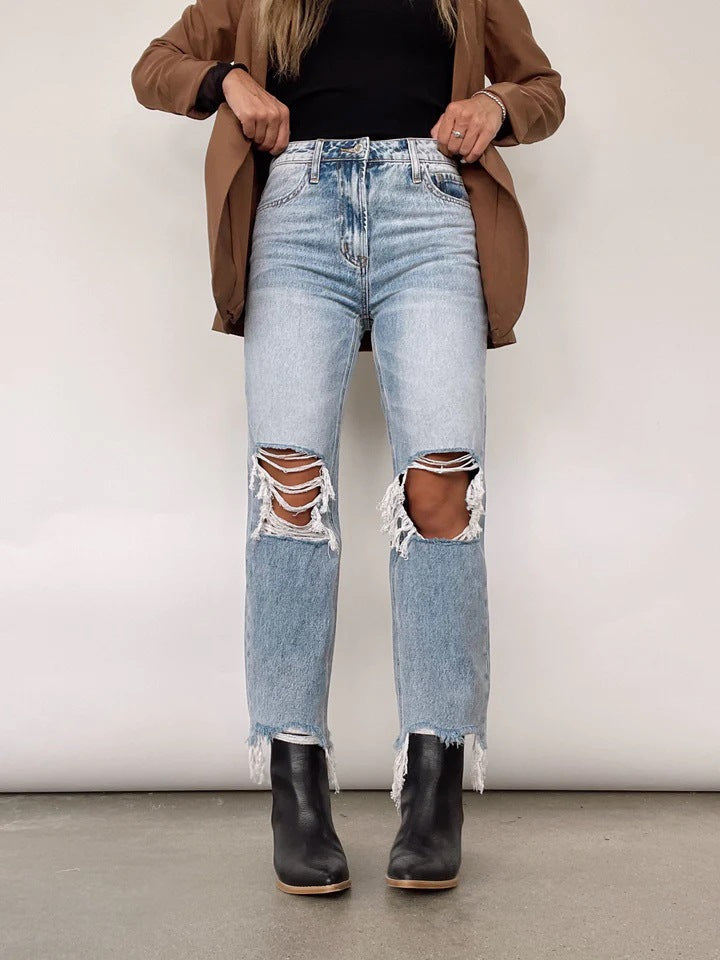 High Waist Ripped Straight Jeans Light Blue