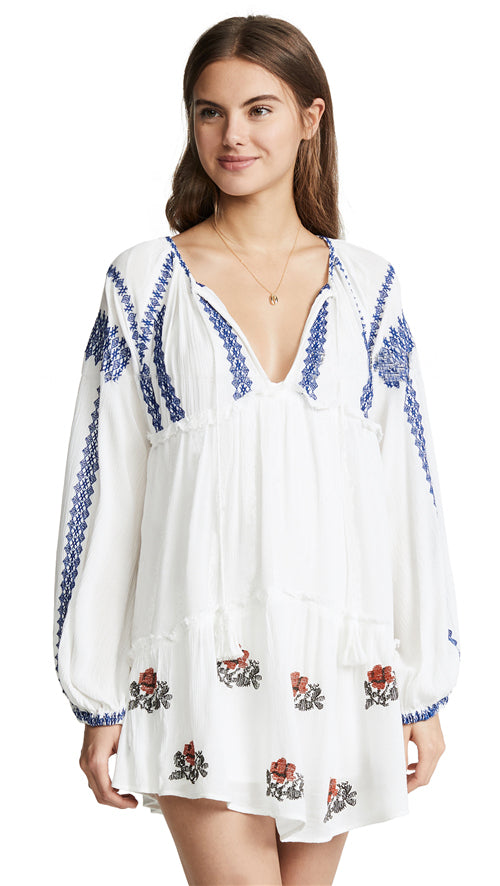 Embroidered Long Sleeves Shirt Dress White