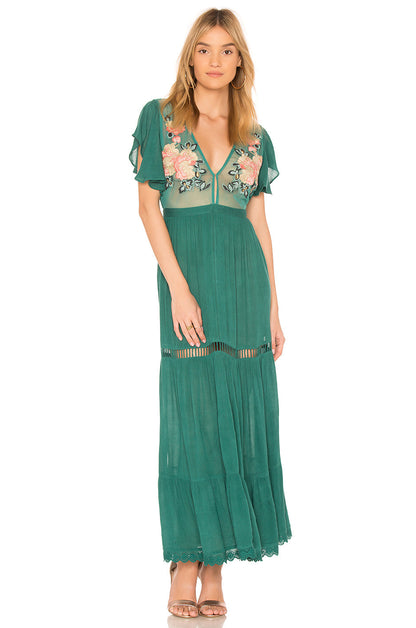 Belted Embroidered Butterfly Sleeve Maxi Green
