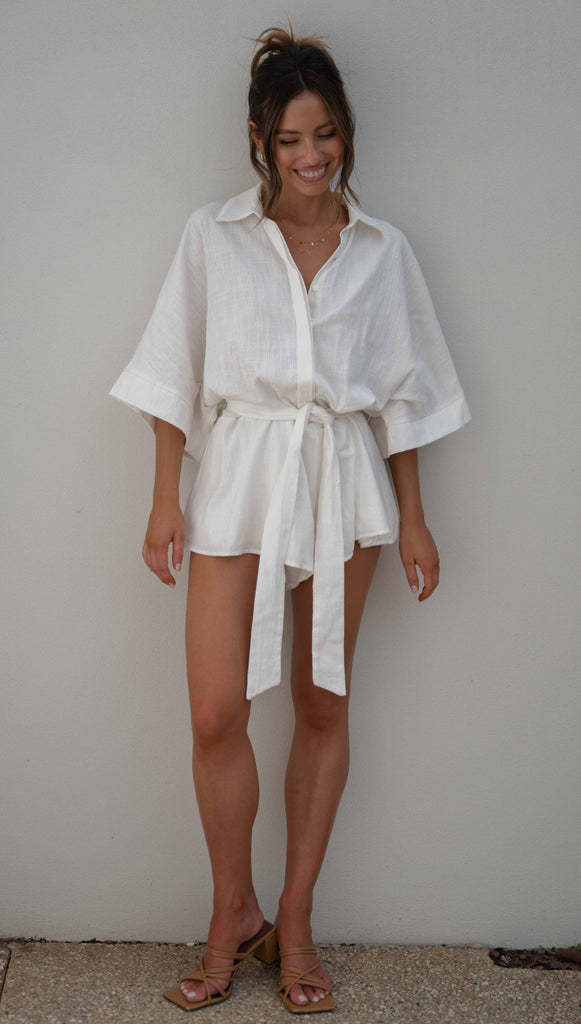 Polo Collar Mid Sleeve Romper White
