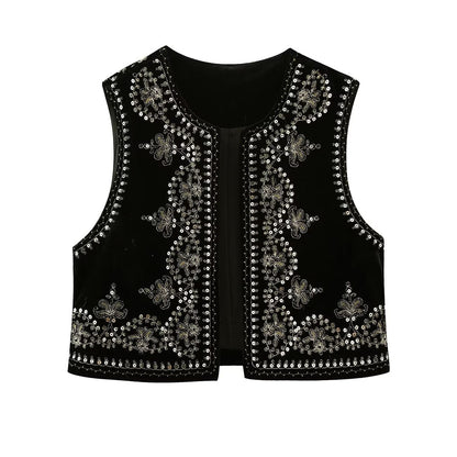 Velvet Embroidered Vest Black