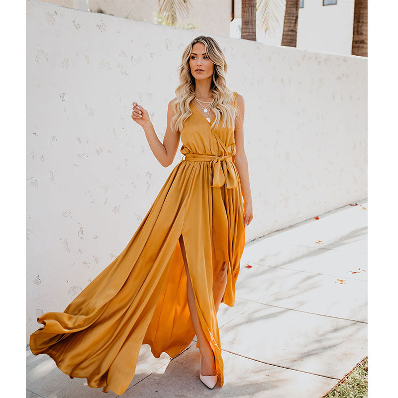 Eva High Slit V Sleeveless Maxi Dress Yellow
