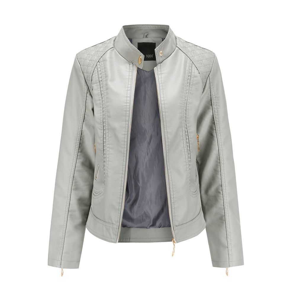 Stand Collar Faux Leather Jacket Gray