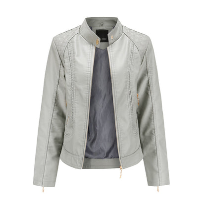 Stand Collar Faux Leather Jacket Gray