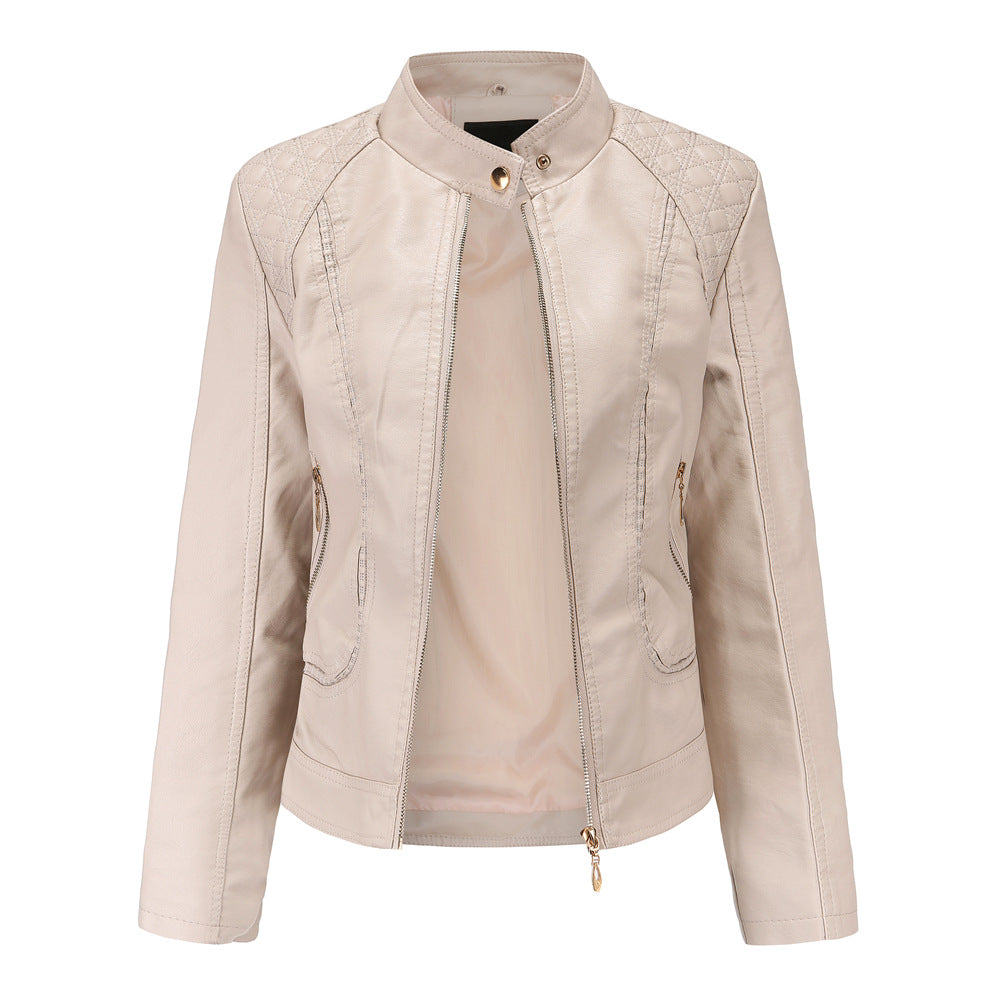 Stand Collar Faux Leather Jacket Khaki