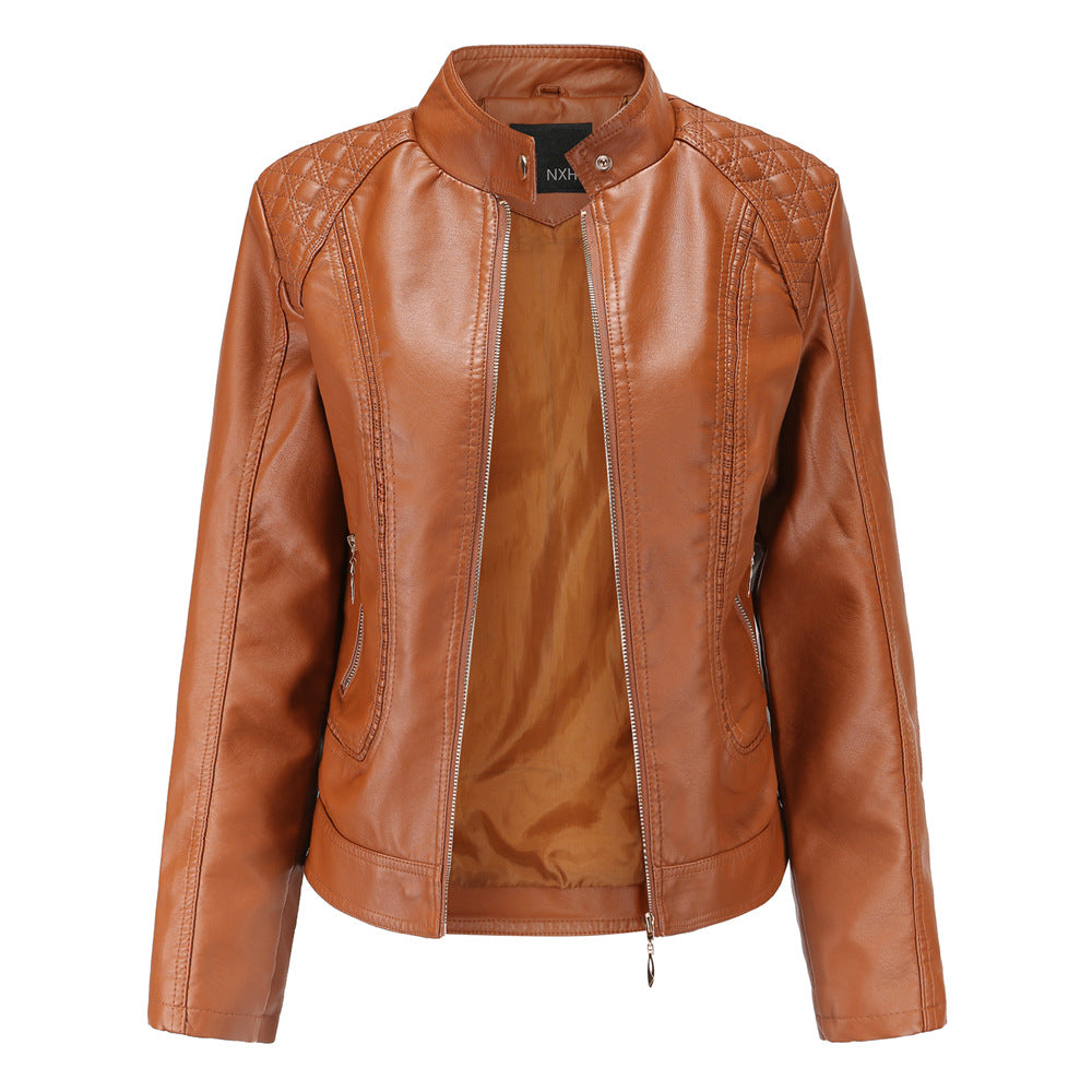 Stand Collar Faux Leather Jacket Brown