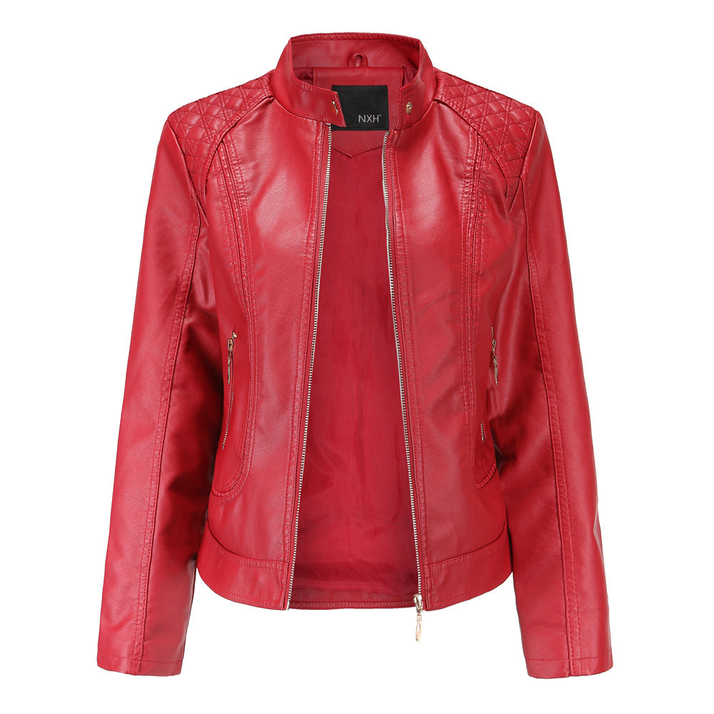 Stand Collar Faux Leather Jacket Red