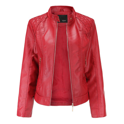 Stand Collar Faux Leather Jacket Red