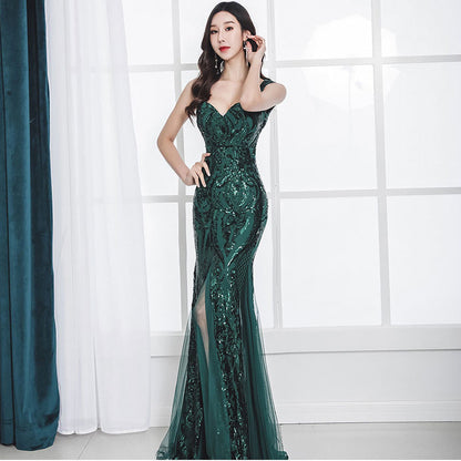 Formal Fishtail Sequin Gown Green