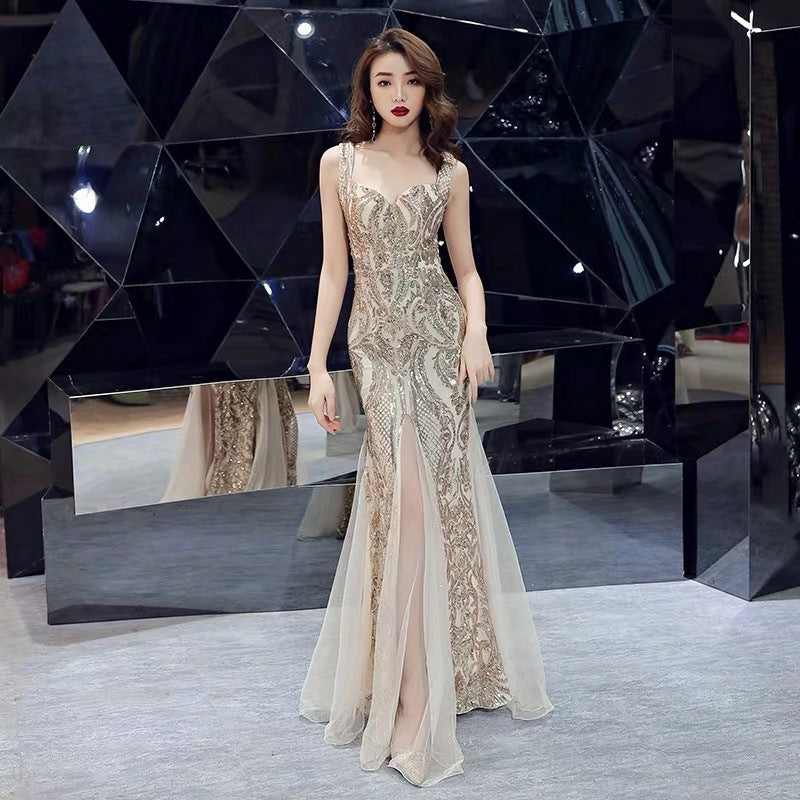 Formal Fishtail Sequin Gown Gold