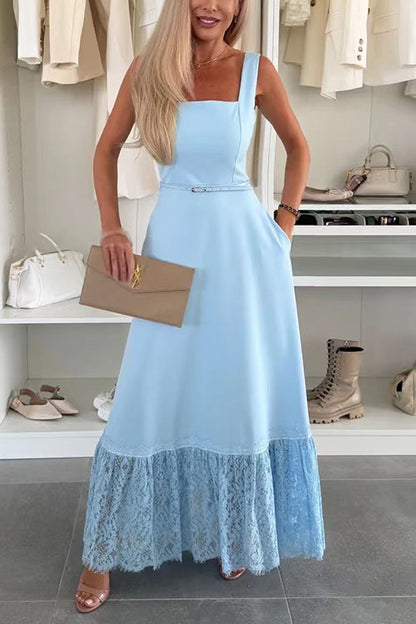 Square Neck Sleeveless Lace Splice Maxi Dress