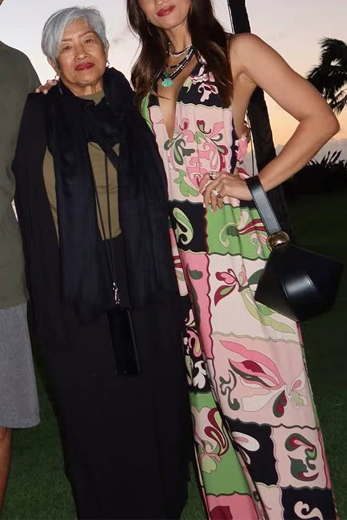 Halter V Neck Backless Printed Maxi Dress